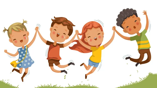 孩子们高兴地跳着 一起跳着 男孩和女孩庆祝 从儿童友谊的角度设计贺卡或招贴画 — 图库矢量图片