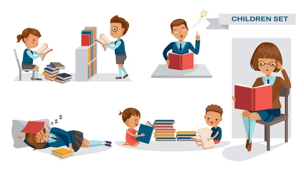 Eğitim Kütüphanesi Seti Anaokulu Ortaokul Kitaplar Kitaplıklar Kütüphanede Sınıfta Okulda — Stok Vektör