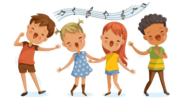 Children Singing Boys Girls Singing Together Happily Cute Cartoon Enjoy — Stock Vector