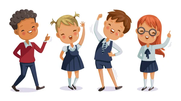 Uniforme Niños Vuelta Escuela Muchachos Muchachas Mano Lindo Personaje Sonrisa — Vector de stock