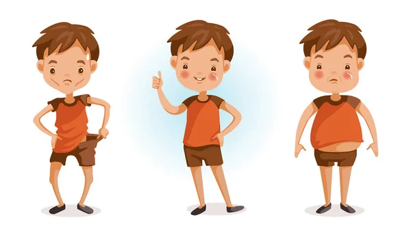 身材丰满的男孩 体重的变化 三个表格 儿童健康和成长的概念 在白色背景上孤立的向量图 — 图库矢量图片