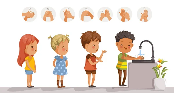 Los Niños Lavan Perspectiva Los Niños Pie Lavabo Escuela Las — Vector de stock