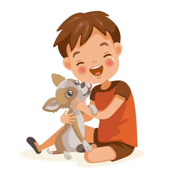 男の子と犬の素敵な漫画のキャラクター 子供はペットを愛している 犬が顔を舐めている 幸せな笑顔の少年は彼の最高の新鮮なChihuahua犬抱擁 ベクトルイラスト 白地に隔離された — ストックベクタ