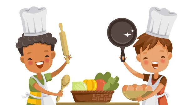 Küçük Çocuklar Aşçılık Sınıfında Arkadaşlarıyla Yemek Pişiriyor Evdeki Mutfakta Mutlu — Stok Vektör