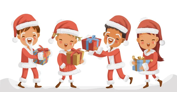 Csoportos Gyerekek Karácsony Napján Négy Gyerek Karácsonyi Kalapban Ajándékokkal Télapóba — Stock Vector