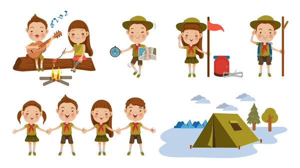 Scout Honor Character Set Children Hand Hand Hand Gesture Camping — Stock Vector