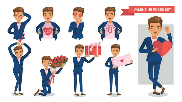 Valentine Man Θέτει Σετ Κραγιόν Στο Πρόσωπο Μεγάφωνο Καρδιά Δώρα — Διανυσματικό Αρχείο