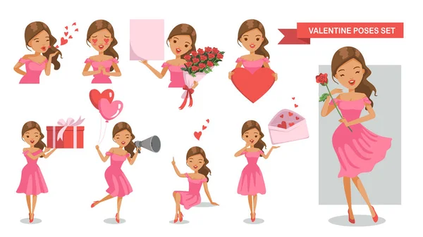 バレンタイン ウィメンが登場 キスを送信 保持バラの花束 紙シート ハート形 ギフトボックス ハートバルーン メガホン 手を上げます — ストックベクタ