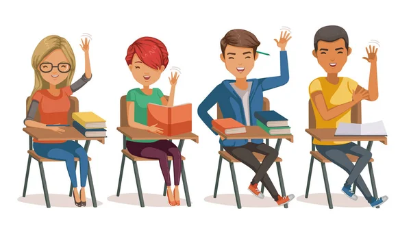 在课堂学习的学生 一群不同种族的人举起双手 四个人坐在教室的椅子上 在白色背景上孤立的卡通图解向量 — 图库矢量图片