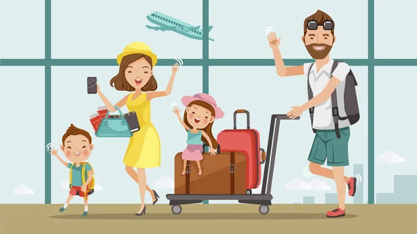 Aile seyahati. Baba, anne, oğul ve kız havaalanında. Mutlu aile kavramı. Çizgi film Asya Karakteri Ailesi, illüstrasyon, vektör, arka plandaki havalimanından izole edildi