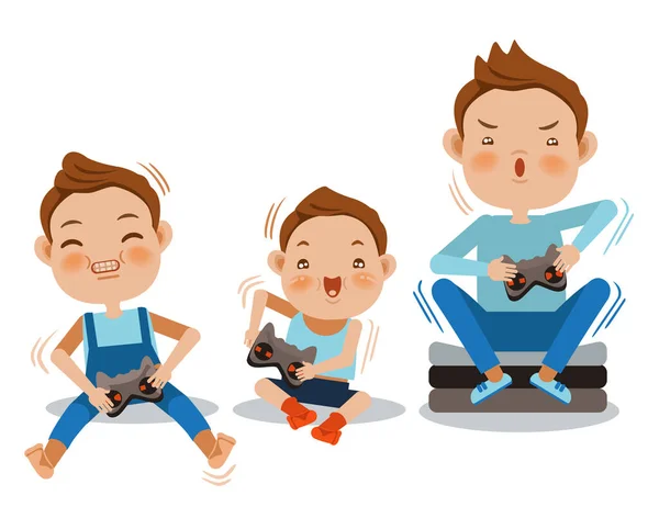 Дети Играют Мультфильмы Мальчики Играют Видеоигры Вместе Векторная Иллюстрация — стоковый вектор