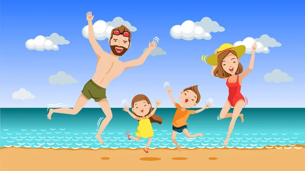 Familia Feliz Con Dos Hijos Manos Arriba Saltando Juntos Playa — Archivo Imágenes Vectoriales