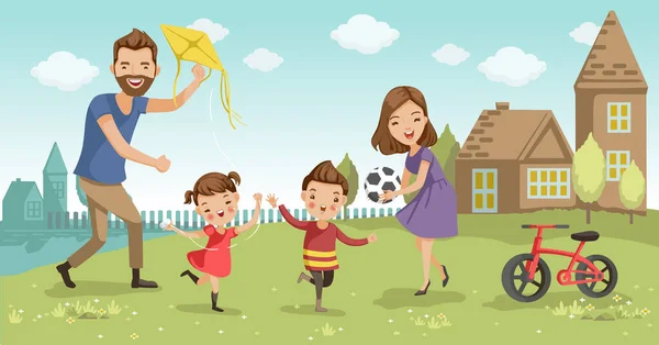 Amusement Famille Maison Père Mère Fils Fille Jouent Ensemble Joyeusement — Image vectorielle