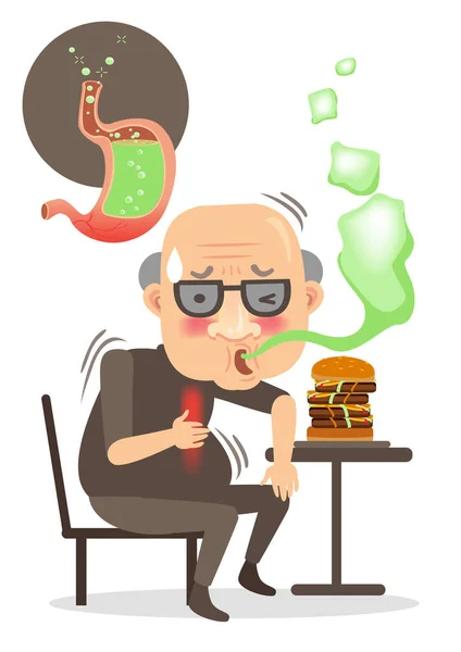 殴打胸部有打嗝和烧灼症状的老年人 坐在凳子上吃东西 胃问题图像 在白色背景上隔离 卡通矢量 — 图库矢量图片