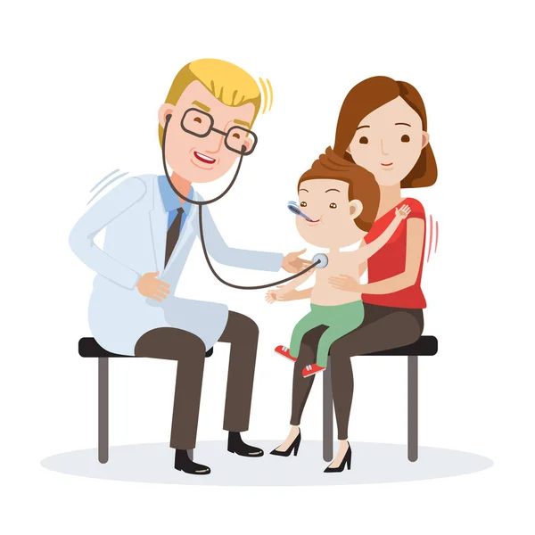 Doctor Examination Mother Carrying Her Son Doctor Measure His Heart — Stock Vector