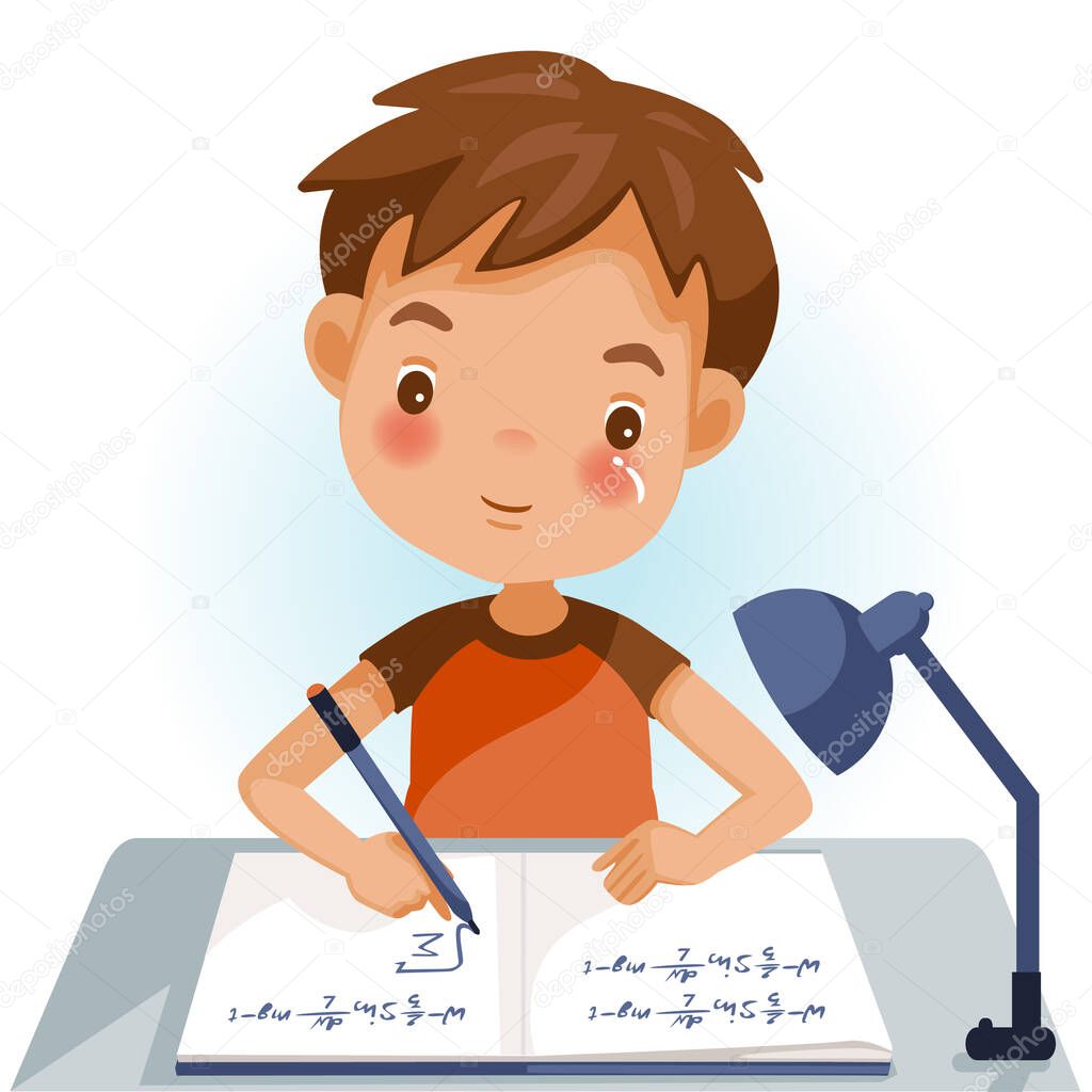 Boy is writing, kids doing homework, maths at home. Cartoon cute little boy in red shirt Siting on the desk. The concept of learning age. Vector illustrations isolated on white background.
