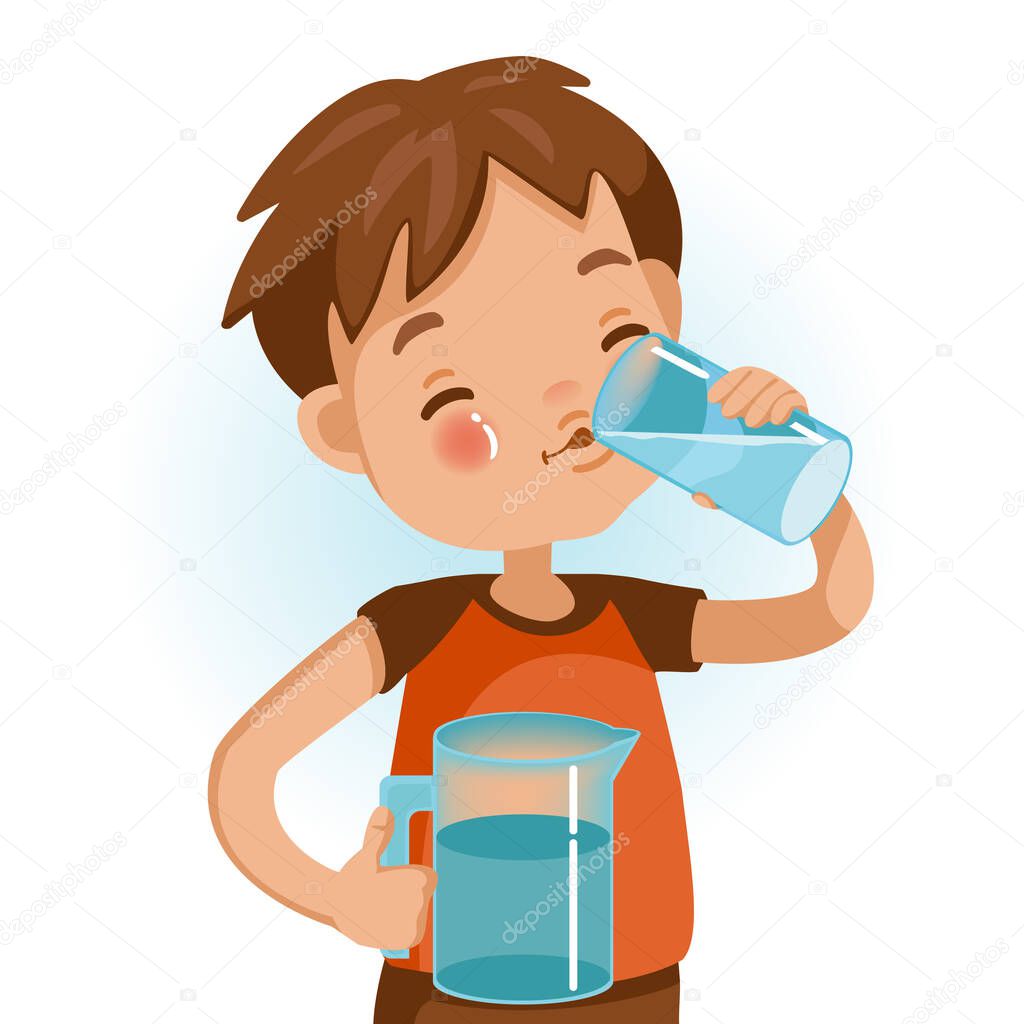Cute boy in red shirt holding glass of kid drinking water. Emotionally be smile. Healthy concepts and crowth in child cutrition. Vector Illustration Isolated on White background.