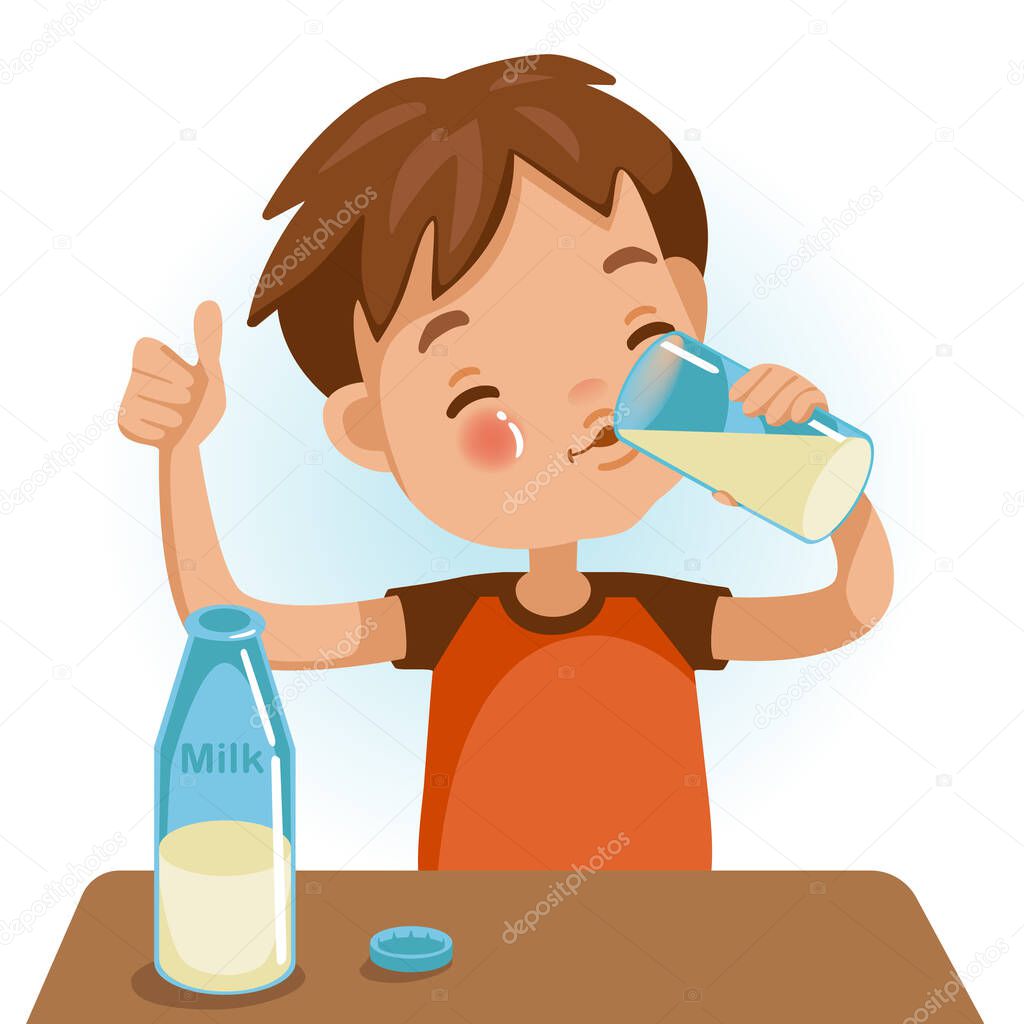 Cute boy in red shirt holding glass of kid drinking milk.Thumbs up. Emotionally. Healthy Concepts and Growth in Child Nutrition. Vector Illustration Isolated on White background.