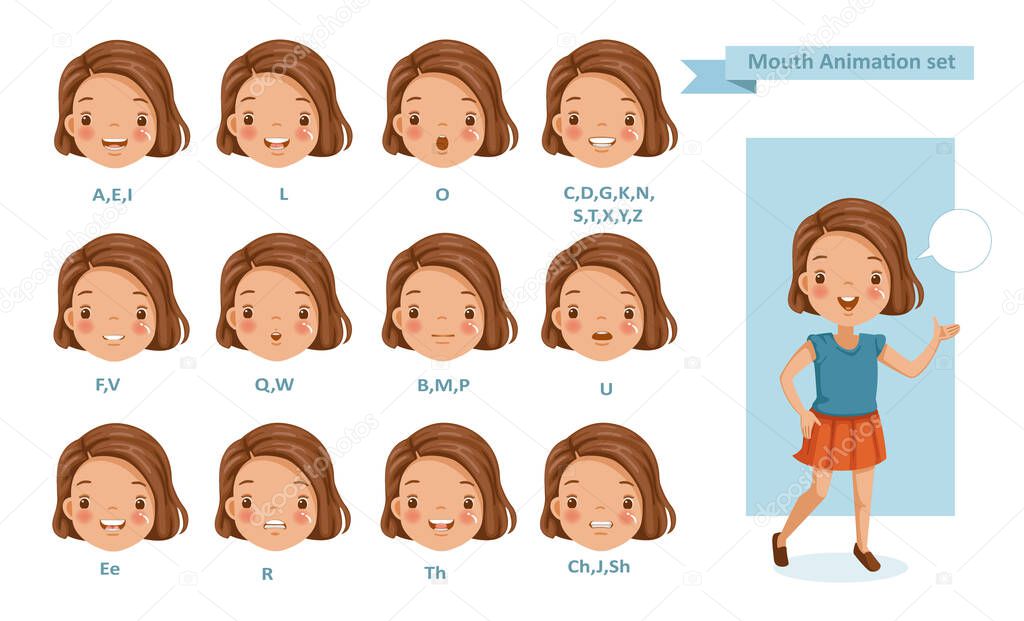 Mouth girl animation. lip sync collection for animation.  talking mouth. Accent and pronunciation speak. tongue and articulate. Cartoon vector  poses illustration isolated white background