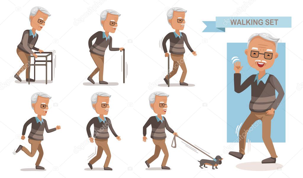 Elderly man walking set.exhausted old man walking with a cane. Full length of a casual senior man walking and smiling. portrait of a mature man with a walker. dog leash. isolated on white background