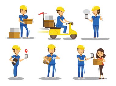 Teslimatçı vektör ayarlandı. Kutu ya da ürün taşıyan bir adam. Tam duruş ve duruş ve tutuş ya da işaret. Kurye üniforması izole edilmiş.. 