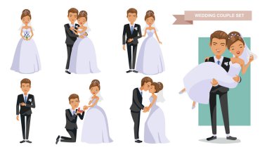 Gelinin ve damadın düğün çifti. Karikatür vektör çizimi. Öpücük, koklama, kucaklaşma, buket tutma, taşıma, el ele tutuşma, sarılma, düğün davetiyeleri. Vektör
