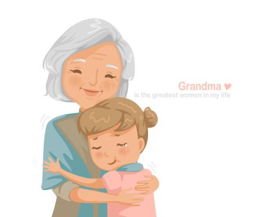 Büyükanne ve yeğen birbirlerine sarılıyorlar. Mutlu gülümseme. Aile ilişkisi, yaşlılar için sigorta kavramı ve çocuklarının eğitimi. Kart tasarımı Aşk yerine resimler ve mesajlar.