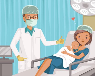 Anne yeni doğmuş bebeğini taşıyor. Hastanede doğum yaptıktan sonra. Anne kız doğururken doktor başparmağını kaldırsın. Ebeveyn ve bebek, bağlanmanın ilk anları. Sezaryen yapan tıbbi bölümler