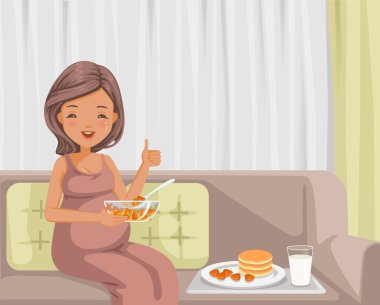 Hamile bir kadın yemek yiyor. gözleme, çilek, süt ve kahvaltı evdeki kanepede. Afiyet olsun. Başparmağını kaldır ve gülümse. Hamilelik için konsept sağlık hizmeti. Vektör karikatür çizimleri izole edildi