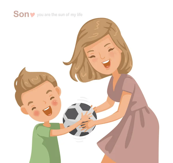 Krásná Máma Svým Roztomilým Synem Baví Hraním Fotbalu Roztomilý Kreslený — Stockový vektor