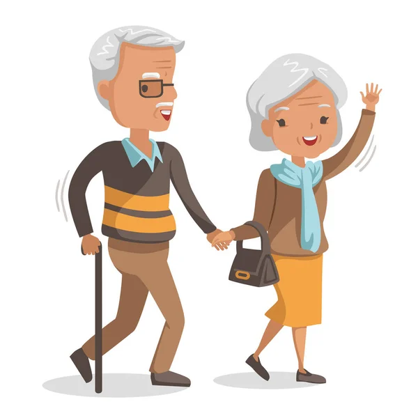年上のカップル 手をつないで歩こう 老人は杖で歩く バッグを持ってる老婦人 笑顔で幸せな気持ちで歩いています 素敵なカップル漫画のキャラクター ベクトルイラスト分離 — ストックベクタ