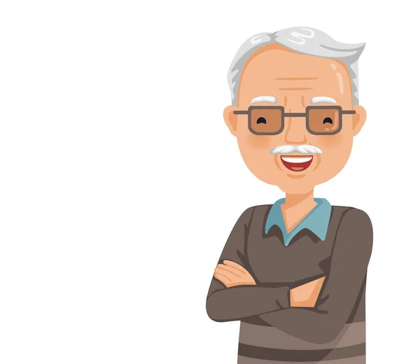 Anciano Sonriendo Cara Anciano Con Gafas Ríe Felizmente Cruza Brazo — Vector de stock