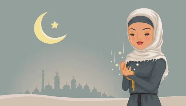 Жінка Муслім Молиться Блакитним Небом Місяцем Зорями Мечеть Фоні Тіней — стоковий вектор