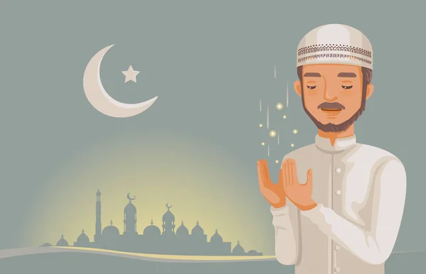 Чоловік Муслім Молиться Блакитним Небом Місяцем Зорями Мечеть Фоні Тіней — стоковий вектор