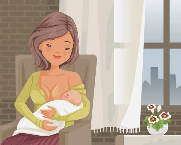 Mãe Segurando Seu Filho Recém Nascido Bebé Que Amamenta Mulher — Vetor de Stock