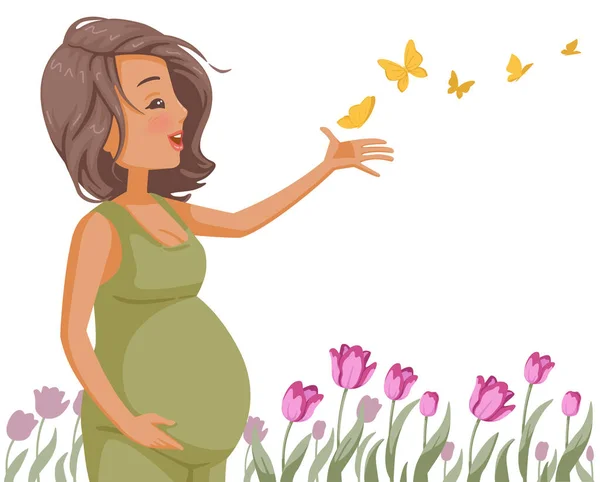 Έγκυος Κοιλιά Στέκεται Στον Κήπο Λουλούδι Κρίνο Σημάδι Καρδιάς Στην — Διανυσματικό Αρχείο