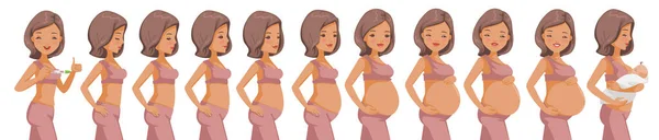 Hamilelik Aşamaları Ayarlandı Hamilelik Aşamaları Farklı Olan Mutlu Bir Kadın — Stok Vektör