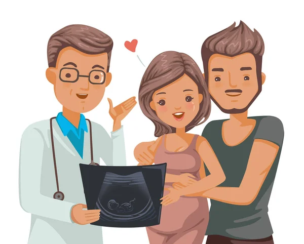 Médecin Couple Enceinte Docteur Fait Une Échographie Jeune Couple Heureux — Image vectorielle