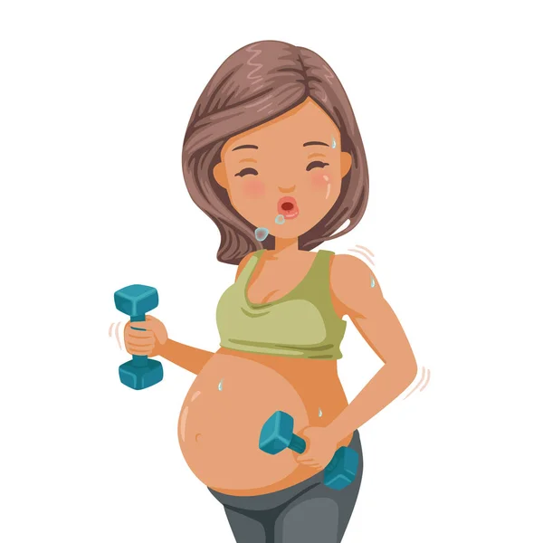 ダンベルで運動する妊婦 美しいアジアの妊婦の肖像運動をしている 母親の健康管理の概念 白を基調としたベクトル漫画のイラスト — ストックベクタ