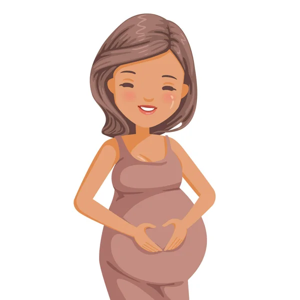 妊婦さん 妊娠中の女性 心臓のジェスチャーをする 愛と期待の概念です 妊娠中は強い出産を待つ幸せ 白を基調としたベクトル漫画のイラスト — ストックベクタ