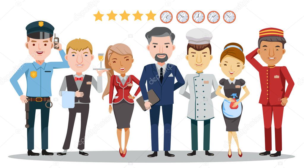 Hotel worker service group Of hotel. Waitress, manager, Housekeeping, Hotel luggage, Receptionist, Chef, Security guard,Character set Team work concept,detailed and unique.Isolated on White background