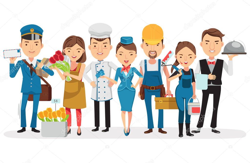 ProfessionHotel worker service group Of hotel. Waitress, manager, Housekeeping, Hotel luggage, Receptionist, Chef, Security guard,Character set Team work concept,detailed and unique.Isolated on White background