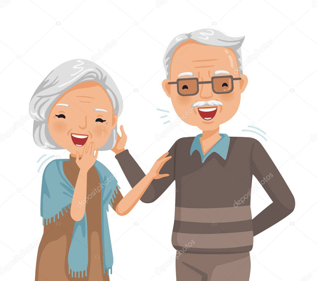 Couple elderly laughing together. Cheerful senior. Portrait of handsome and beautiful grandmother and grandfather in emotion relaxing. Vector illustrations isolated on white background.