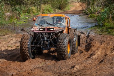 Lepel, Belarus, 19.09.2010. Jeep deneylerinin açık şampiyonası. Ormanda off-road yarışı. Kirli ve çamurlu su sıçratan bir araç. Teknik başarılar ve doğa arasındaki mücadele.