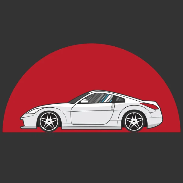 Japan tuned car on red sun background. Car sketch. Side view.