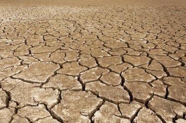 Kuru bir göl yatağında çatlamış toprak başka bir gezegenin yüzeyine benziyor, Mars, cıva.