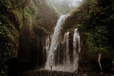 Kız Bali 'de bir ormanda muhteşem bir şelalenin tadını çıkarıyor.