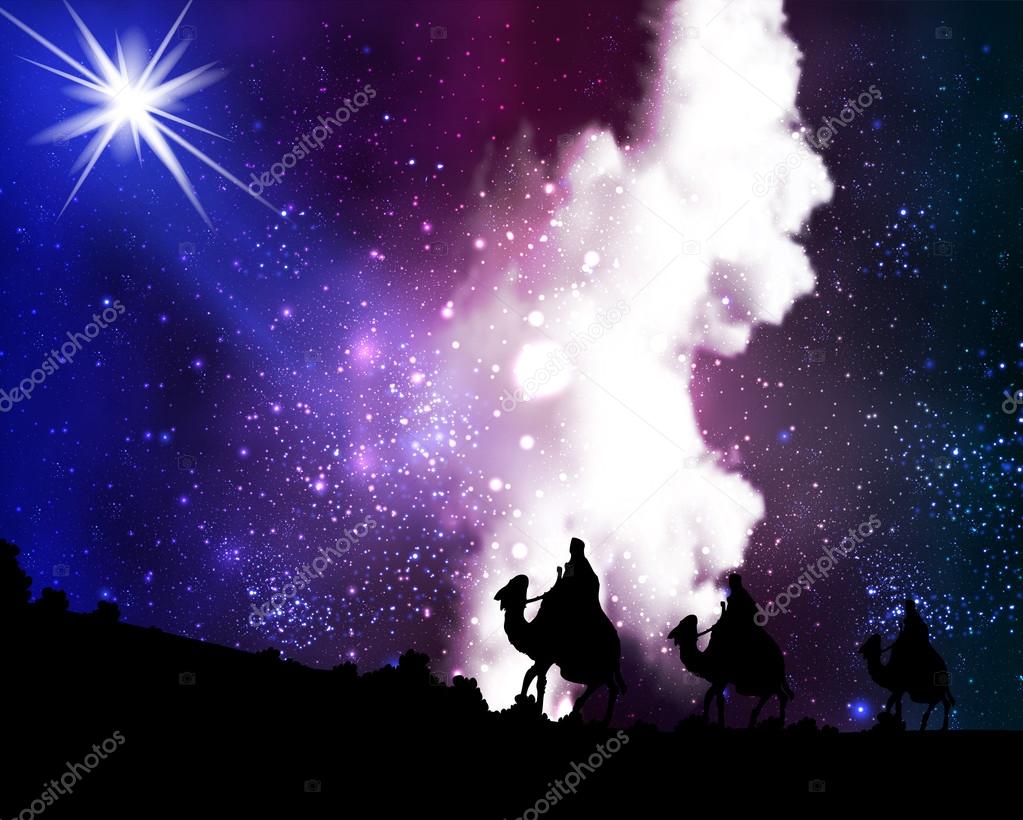 Three wise men by a star on the background of cosmic sky