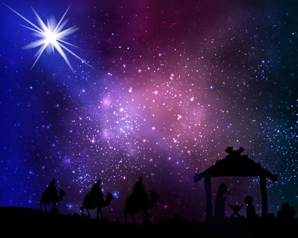 Three wise men and Jesus against the background stars and the co — Stock Vector