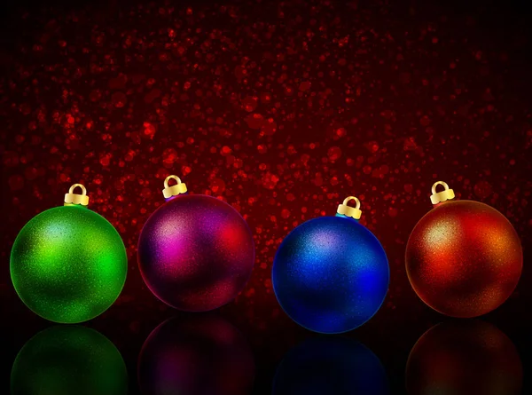 Multi-colored Christmas balls on a red background bokeh — Stock Vector